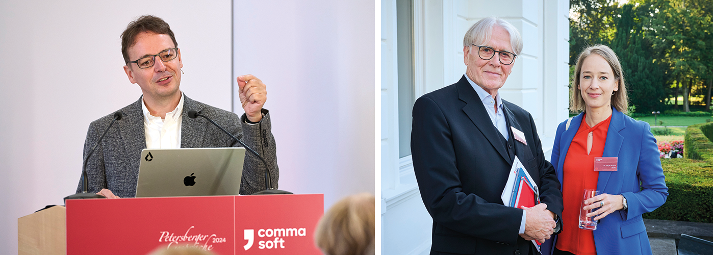 links: Dr. Joscha Bach während seines Vortrags, rechts: Dr. Sibylle Anderl und Prof. Dr. Heinz-Otto Peitgen vor der Villa Hammerschmidt