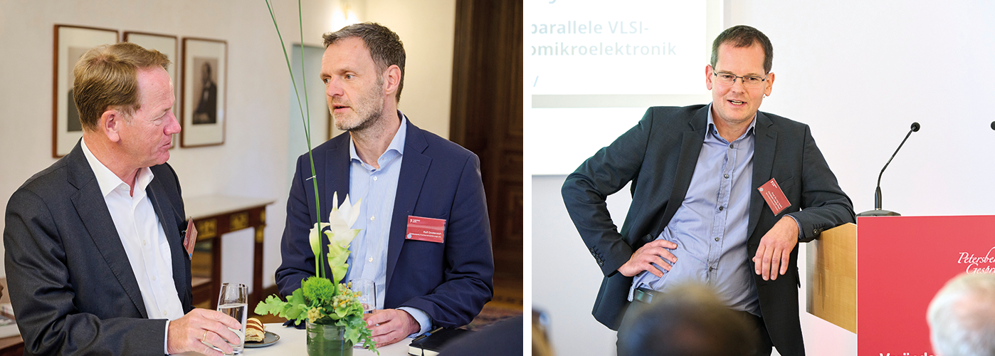 links: Angeregter Austausch unter den Teilnehmenden zwischen den Keynotes, rechts: Prof. Christian Mayr während seines Vortrags