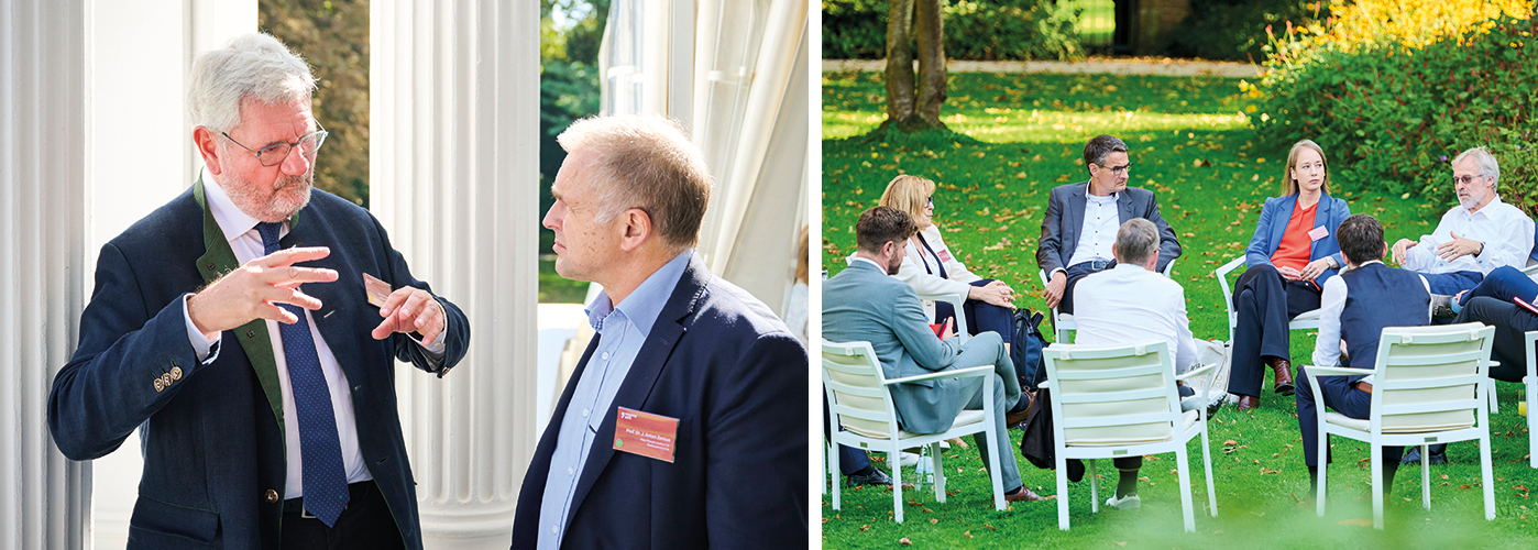 links: Prof. Robert Schlögl im Austausch vor der Villa Hammerschmidt, rechts: Impressionen von den Diskussionsrunden im Garten der Villa